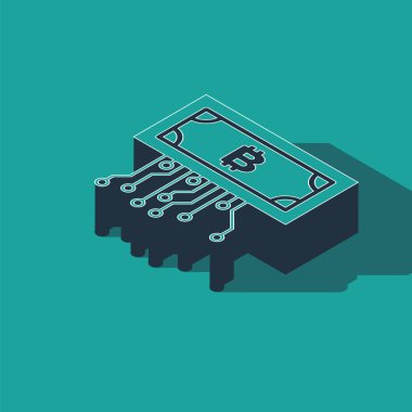 Yeşil arka planda izole edilmiş mikroçip devre ikonu ile daire içinde Isome Kripto para birimi bitcoin. Engelleme teknolojisi, dijital para piyasası. Vektör İllüstrasyonu
