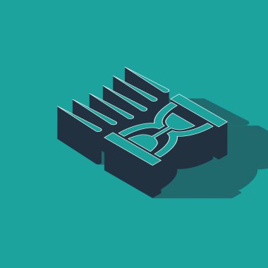 Yeşil zemin üzerinde kum ikonu olan Isometric Eski kum saati. Kum saati işareti. İş ve zaman yönetimi kavramı. Vektör İllüstrasyonu