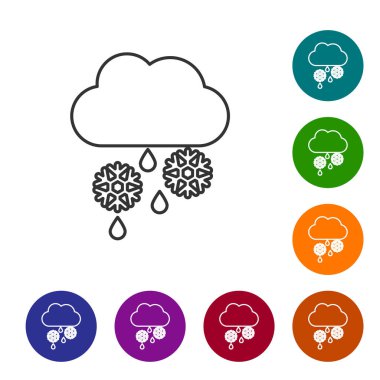 Beyaz zemin üzerinde kar, yağmur ve ay ikonu olan gri çizgi bulutu. Hava durumu simgesi. Simgeleri renk daire düğmelerine ayarla. Vektör İllüstrasyonu