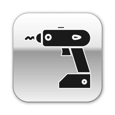 Beyaz arkaplanda siyah elektrik kablosuz tornavida simgesi izole edildi. Elektrikli matkap. Tamir aleti. Gümüş kare düğme. Vektör İllüstrasyonu