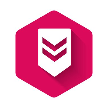 Beyaz sembol uzun gölgeli izole edilmiş. Askeri rozet işareti. Pembe altıgen düğmesi. Vektör İllüstrasyonu