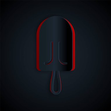 Kağıt kesikli dondurma ikonu siyah arka planda izole edilmiş. Güzel sembol. Kağıt sanatı tarzı. Vektör İllüstrasyonu