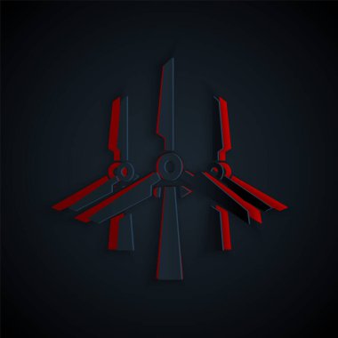 Kağıt kesiği Rüzgar türbinleri simgesi siyah arkaplanda izole edildi. Rüzgar jeneratörü işareti. Yel değirmeni silueti. Elektrik üretimi için yel değirmenleri. Kağıt sanatı tarzı. Vektör İllüstrasyonu