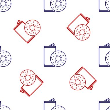 Mavi ve kırmızı alüminyum kutu soda ve çörek ikonu beyaz arka planda izole edilmiş pürüzsüz desen. Fast food sembolü. Vektör İllüstrasyonu