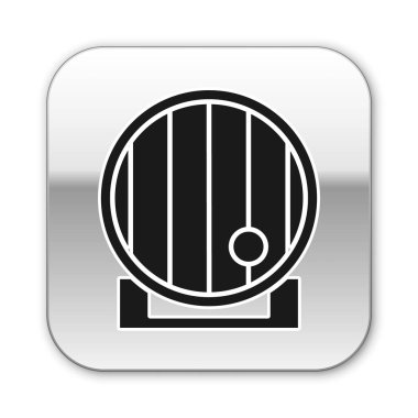 Beyaz arka planda siyah tahta varil ikonu izole edildi. Alkol fıçısı, içki kabı, bira için tahta fıçı, viski, şarap. Gümüş kare düğme. Vektör İllüstrasyonu