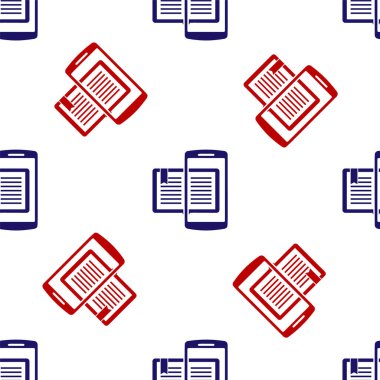 Mavi ve kırmızı akıllı telefon ve kitap ikonu beyaz arka planda izole edilmiş kusursuz desen. Çevrimiçi öğrenme ya da e-öğrenme kavramı. Vektör İllüstrasyonu
