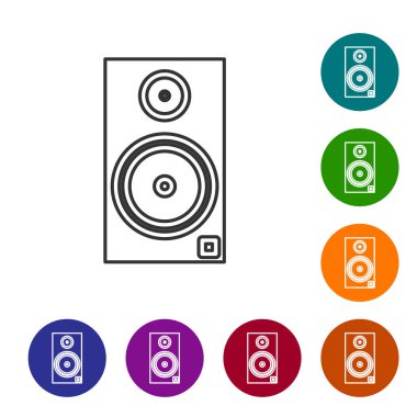 Gri çizgi Stereo hoparlör simgesi beyaz arkaplanda izole edildi. Ses sistemi hoparlörleri. Müzik ikonu. Müzikal sütun hoparlörü. Simgeleri renk daire düğmelerine ayarla. Vektör İllüstrasyonu