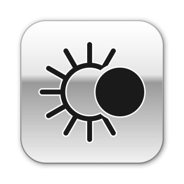 Güneş tutulması simgesi beyaz arkaplanda izole edilmiş. Tam sonar tutulması. Gümüş kare düğme. Vektör İllüstrasyonu