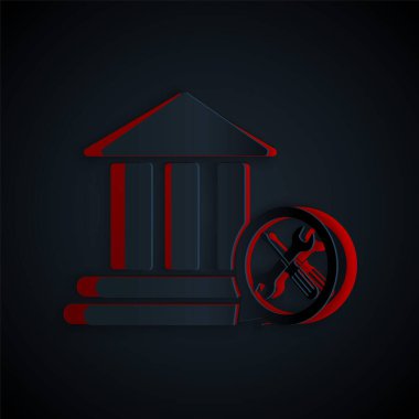 Siyah zemin üzerinde tornavida ve ingiliz anahtarı simgesi olan kağıt kesimi banka binası. Ayarlama, servis, ayar, bakım, onarım, onarım. Kağıt sanatı tarzı. Vektör İllüstrasyonu