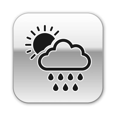 Beyaz zemin üzerinde yağmur ve güneş ikonu olan kara bulut. Yağmur damlaları ile yağmur bulutu yağışı. Gümüş kare düğme. Vektör İllüstrasyonu