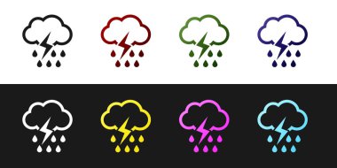 Bulut 'u yağmur ve şimşek simgesiyle siyah beyaz arkaplanda izole et. Yağmur damlalı yağmur bulutu yağışı. Fırtına ikonu. Vektör İllüstrasyonu