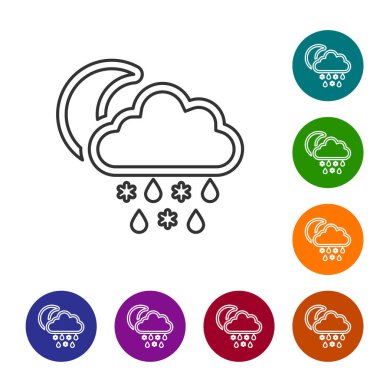 Beyaz zemin üzerinde kar ve yağmur ikonu olan gri çizgi bulutu. Hava durumu simgesi. Simgeleri renk daire düğmelerine ayarla. Vektör İllüstrasyonu