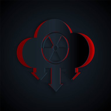 Kağıt kesiği Asit yağmuru ve siyah arka planda izole edilmiş radyoaktif bulut simgesi. Zehirli hava kirliliğinin çevre üzerindeki etkileri. Kağıt sanatı tarzı. Vektör İllüstrasyonu