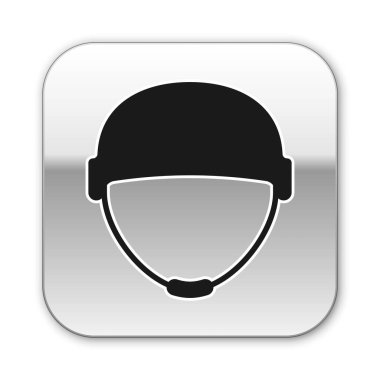 Beyaz arka planda siyah askeri miğfer ikonu izole edildi. Ordu şapkasının savunma ve koruma sembolü. Koruyucu şapka. Gümüş kare düğme. Vektör İllüstrasyonu