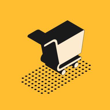 Sarı arka planda izole edilmiş Isometric alışveriş arabası simgesi. İnternetten satın alma konsepti. Servis tabelası. Süpermarket sepeti sembolü. Vektör İllüstrasyonu