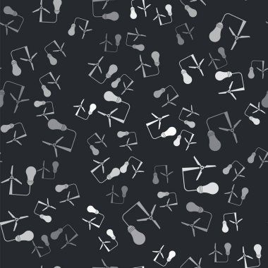 Çevre dostu enerji ikonu fikri olarak rüzgar türbinli gri ampul siyah arkaplanda izole edilmiş pürüzsüz desen. Alternatif enerji kavramı. Vektör İllüstrasyonu