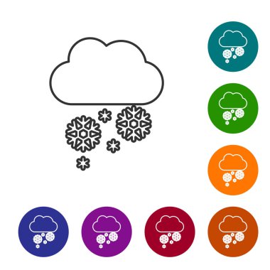 Beyaz arka planda kar ikonu olan gri çizgi bulutu. Kar taneli bulut. Tek hava ikonu. Kar tabelası. Simgeleri renk daire düğmelerine ayarla. Vektör İllüstrasyonu