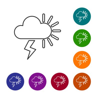 Gri çizgi Storm simgesi beyaz arkaplanda izole edildi. Yıldırımlı ve güneşli bulutlu. Fırtınanın hava durumu ikonu. Simgeleri renk daire düğmelerine ayarla. Vektör İllüstrasyonu