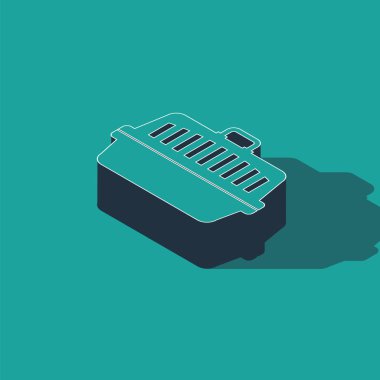 Isometric Pet çanta ikonu yeşil arka planda izole. Hayvanlar, köpekler ve kediler için taşıyıcı. Hayvanlar için konteynır. Hayvan taşıma kutusu. Vektör İllüstrasyonu