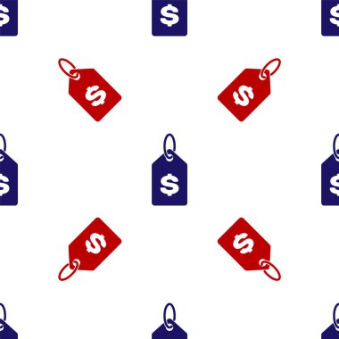 Dolar simgesi ile mavi ve kırmızı Price etiketi beyaz arka planda izole edilmiş kusursuz desen. Rozet fiyatına. Dolar sembollü indirim. Reklam etiketi indirimi. Vektör İllüstrasyonu