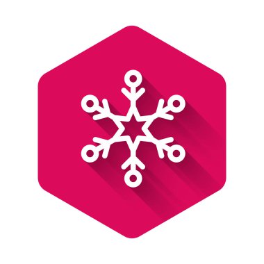 Beyaz Kar Tanesi simgesi uzun gölgeli izole edilmiş. Pembe altıgen düğmesi. Vektör İllüstrasyonu