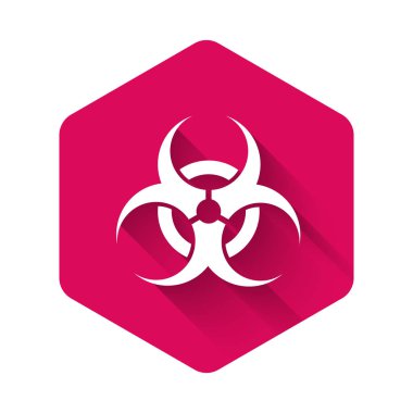 Beyaz Biyolojik Tehlike sembolü uzun gölgeli izole edilmiş. Pembe altıgen düğmesi. Vektör İllüstrasyonu