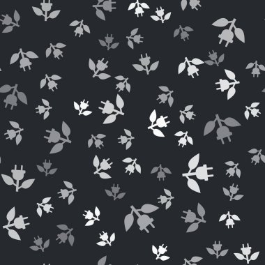 Yaprak simgesindeki gri elektrik prizi siyah arkaplanda izole edilmiş pürüzsüz desen. Enerji tasarrufu ikonu. Çevre koruma ikonu. Biyolojik enerji. Vektör İllüstrasyonu