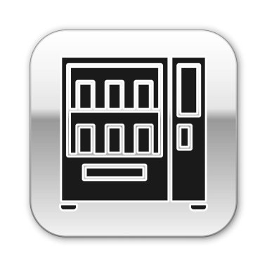 Siyah yiyecek ve içecek otomatiği beyaz arka planda izole edilmiş ikon satıyor. Gümüş kare düğme. Vektör İllüstrasyonu