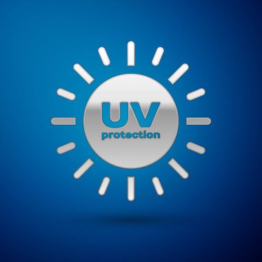 Gümüş Uv koruma simgesi üzerinde mavi arka plan izole. Ultra mor ışınları radyasyon. SPF Paz Üye. Vektör çizim