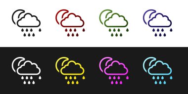 Bulut 'u yağmur ve ay ikonu ile siyah beyaz arka planda izole et. Yağmur damlaları ile yağmur bulutu yağışı. Vektör İllüstrasyonu