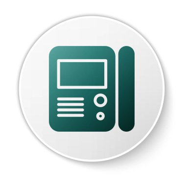 Yeşil Ev dahili iletişim sistemi simgesi beyaz arkaplanda izole edildi. Beyaz daire düğmesi. Vektör İllüstrasyonu