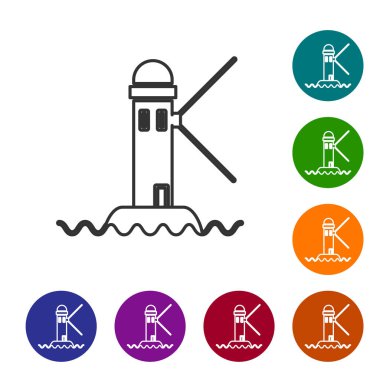 Gri çizgi deniz feneri simgesi beyaz arkaplanda izole edildi. Simgeleri renk daire düğmelerine ayarla. Vektör İllüstrasyonu