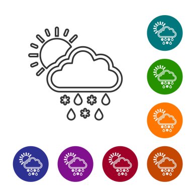 Beyaz zemin üzerinde kar, yağmur ve güneş ikonu olan gri çizgi bulutu. Hava durumu simgesi. Simgeleri renk daire düğmelerine ayarla. Vektör İllüstrasyonu