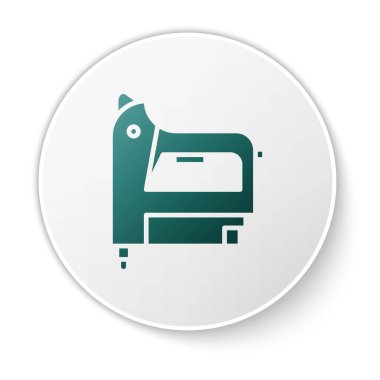 Beyaz arka planda yeşil elektrikli zımba ikonu izole edildi. Çalışan alet. Beyaz daire düğmesi. Vektör İllüstrasyonu