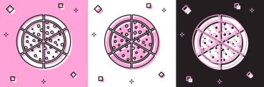 Pizza simgesini pembe beyaz, siyah arkaplanda izole et. Vektör İllüstrasyonu