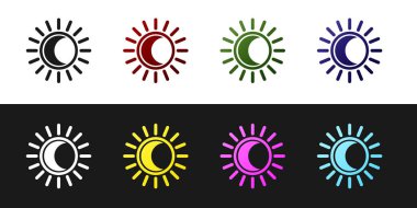 Güneş tutulması simgesini siyah beyaz arkaplanda izole et. Tam sonar tutulması. Vektör İllüstrasyonu