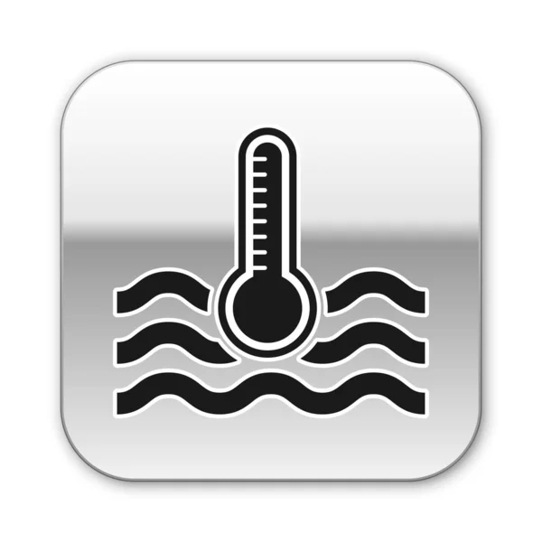 Black Water thermometer measuring heat and cold icon isolated on white background. Thermometer equipment showing hot or cold weather. Silver square button. Vector Illustration — Stock Vector