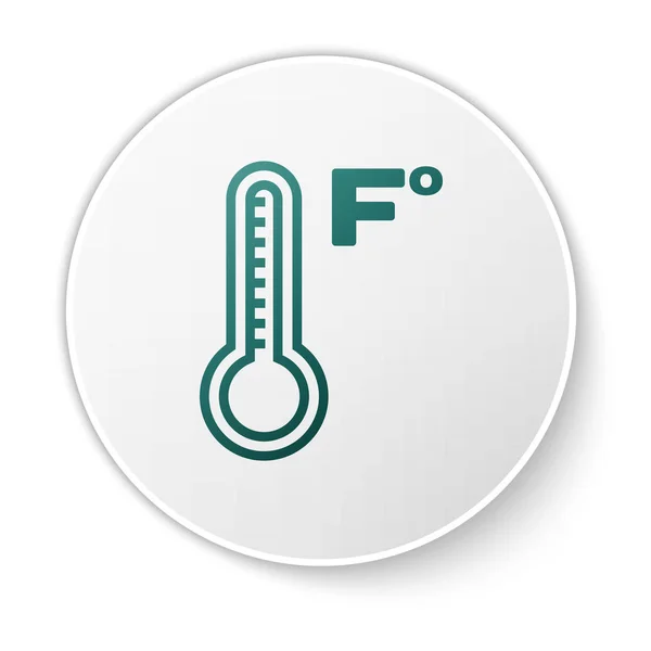 Termómetro de meteorología verde que mide el calor y el frío icono aislado sobre fondo blanco. Temperatura Fahrenheit. Botón círculo blanco. Ilustración vectorial — Vector de stock