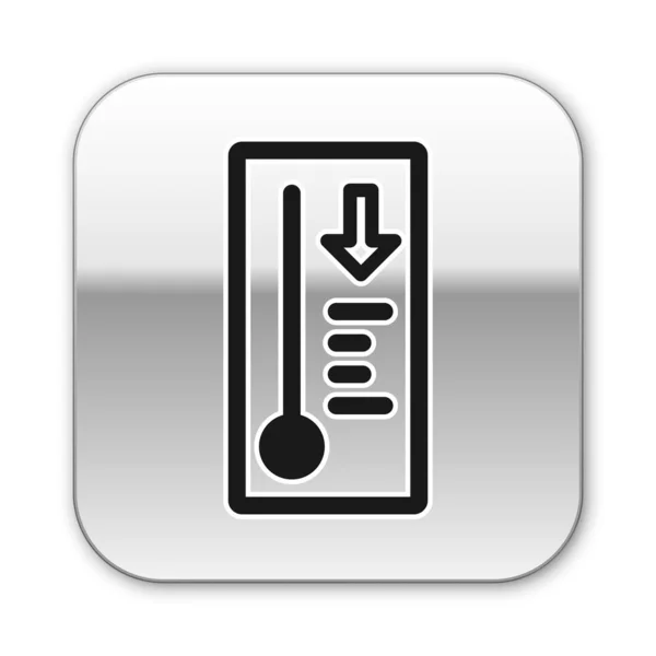 Termômetro de meteorologia preta medindo calor e ícone frio isolado no fundo branco. Equipamento termômetro mostrando clima quente ou frio. Botão quadrado de prata. Ilustração vetorial — Vetor de Stock