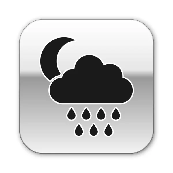 Nube negra con la lluvia y el icono de la luna aislados sobre fondo blanco. precipitación de nubes de lluvia con gotas de lluvia. Botón cuadrado plateado. Ilustración vectorial — Archivo Imágenes Vectoriales