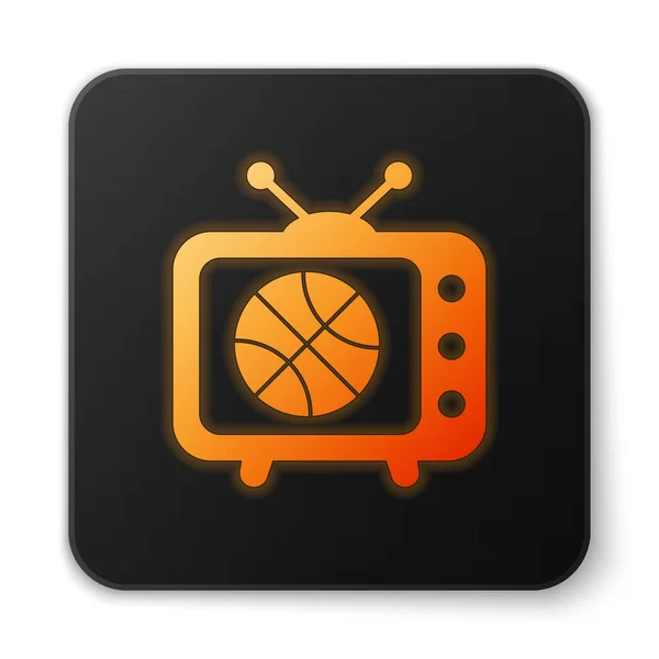 Orange glowing neon Basketball match on tv program icon isolated on white background. Black square button. Vector Illustration — Stock Vector