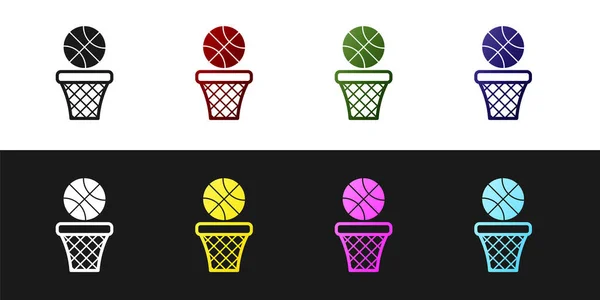 Set Basketbal en mand pictogram geïsoleerd op zwart-wit achtergrond. Bal in de basketbalring. Vector Illustratie — Stockvector
