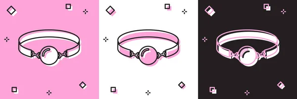 Set mordaza de bola de silicona con un icono de cinturón de cuero aislado sobre fondo rosa y blanco, negro. Accesorio fetichista. Juguete sexual para hombres y mujeres. Ilustración vectorial — Vector de stock