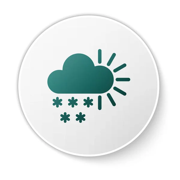 Grün bewölkt mit Schnee-Symbol auf weißem Hintergrund. Wolke mit Schneeflocken. einzelnes Wettersymbol. Schneeschild. weißer Kreis-Knopf. Vektorillustration — Stockvektor