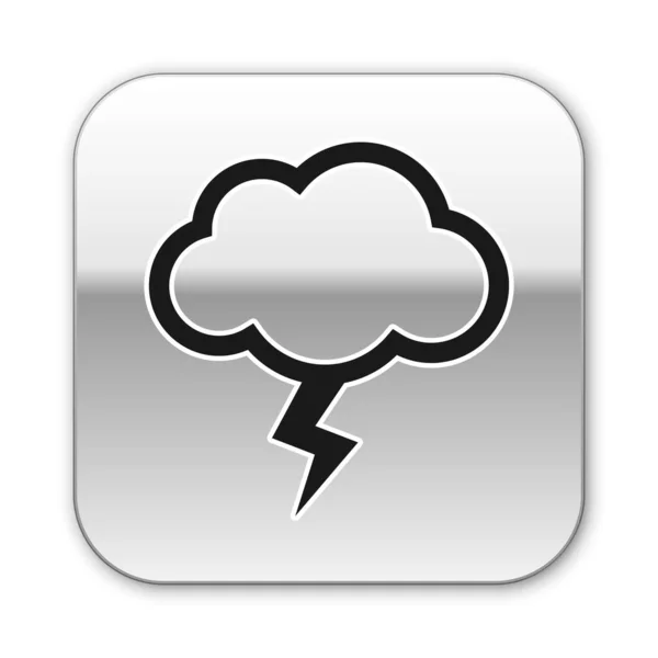 Icono de tormenta negra aislado sobre fondo blanco. Nube y relámpago. Icono del tiempo de tormenta. Botón cuadrado plateado. Ilustración vectorial — Vector de stock