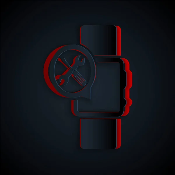 Papier gesneden Smartwatch met schroevendraaier en moersleutel pictogram geïsoleerd op zwarte achtergrond. Aanpassen, service, instelling, onderhoud, reparatie, vaststelling. Papierkunst stijl. Vector Illustratie — Stockvector