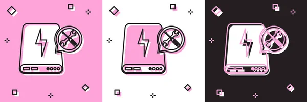 Set Power bank with screwdriver and wrench icon isolated on pink and white, black background. Adjusting, service, setting, maintenance, repair, fixing. Vector Illustration — Stock Vector