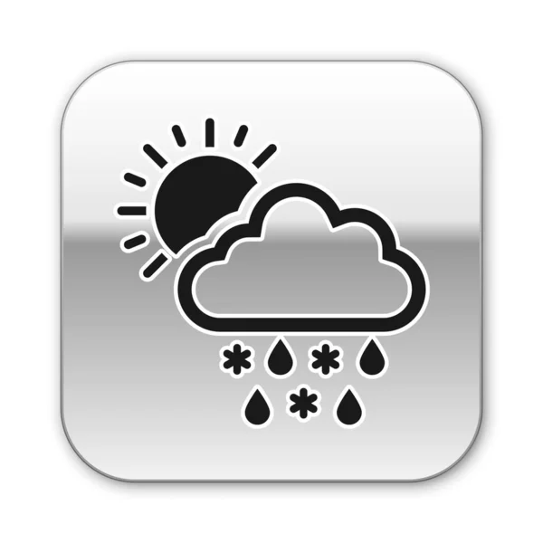 Beyaz zemin üzerinde kar, yağmur ve güneş ikonu olan kara bulut. Hava durumu simgesi. Gümüş kare düğme. Vektör İllüstrasyonu — Stok Vektör