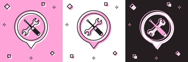 Set Locatie met gekruiste schroevendraaier en moersleutel gereedschap pictogram geïsoleerd op roze en witte, zwarte achtergrond. Pointer instellingen symbool. Vector Illustratie — Stockvector