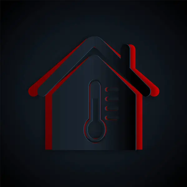 Corte de papel Ícone de temperatura da casa isolado no fundo preto. Ícone do termómetro. Estilo de arte de papel. Ilustração vetorial —  Vetores de Stock
